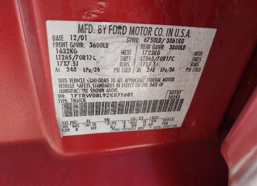 Photo 9 of 2002 Ford F-150 LARIAT/XLT (VIN 1FTRW08L92KB71681)