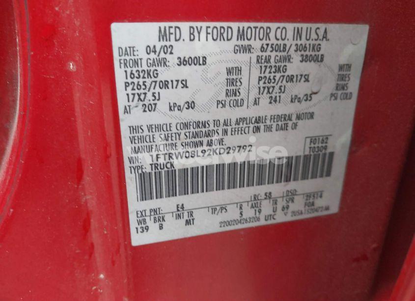 Photo 9 of 2002 Ford F-150 LARIAT/XLT (VIN 1FTRW08L92KD29792)