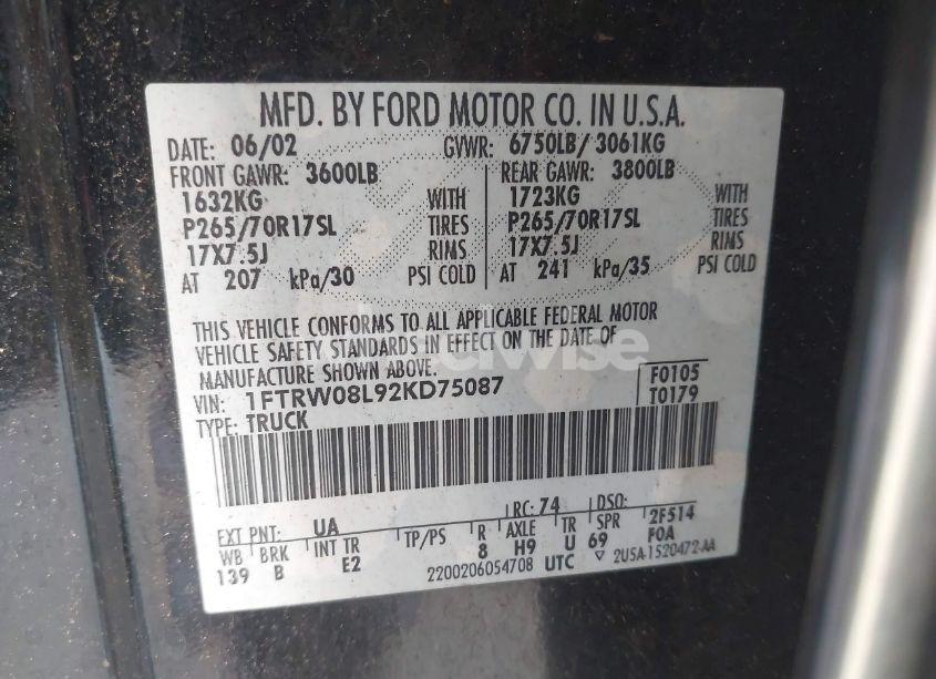 Photo 9 of 2002 Ford F-150 LARIAT/XLT (VIN 1FTRW08L92KD75087)