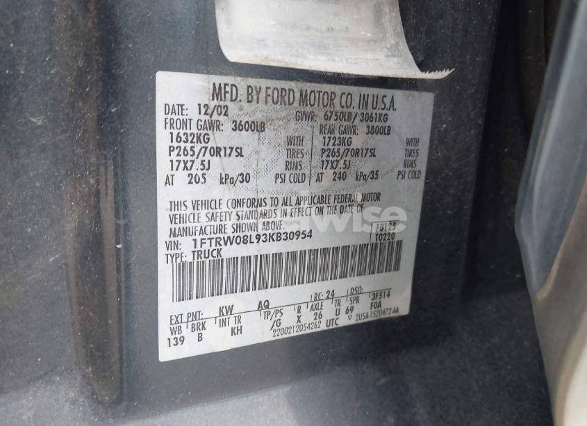 Photo 9 of 2003 Ford F-150 LARIAT/XLT (VIN 1FTRW08L93KB30954)