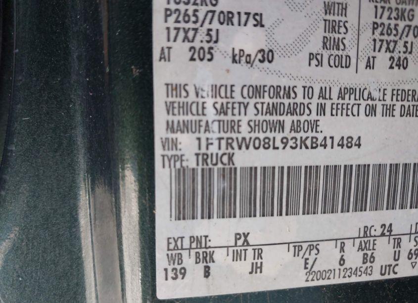 Photo 9 of 2003 Ford F-150 LARIAT/XLT (VIN 1FTRW08L93KB41484)