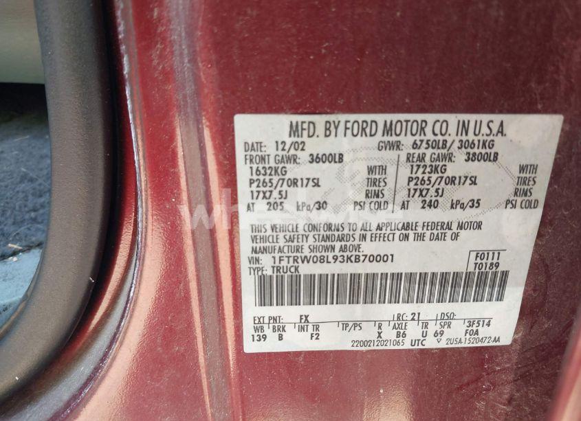 Photo 9 of 2003 Ford F-150 LARIAT/XLT (VIN 1FTRW08L93KB70001)