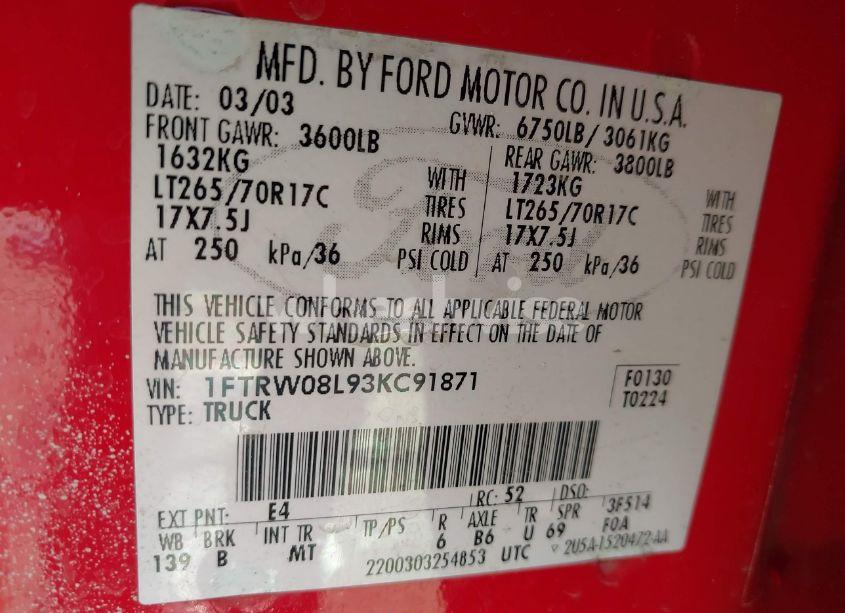 Photo 9 of 2003 Ford F-150 LARIAT/XLT (VIN 1FTRW08L93KC91871)