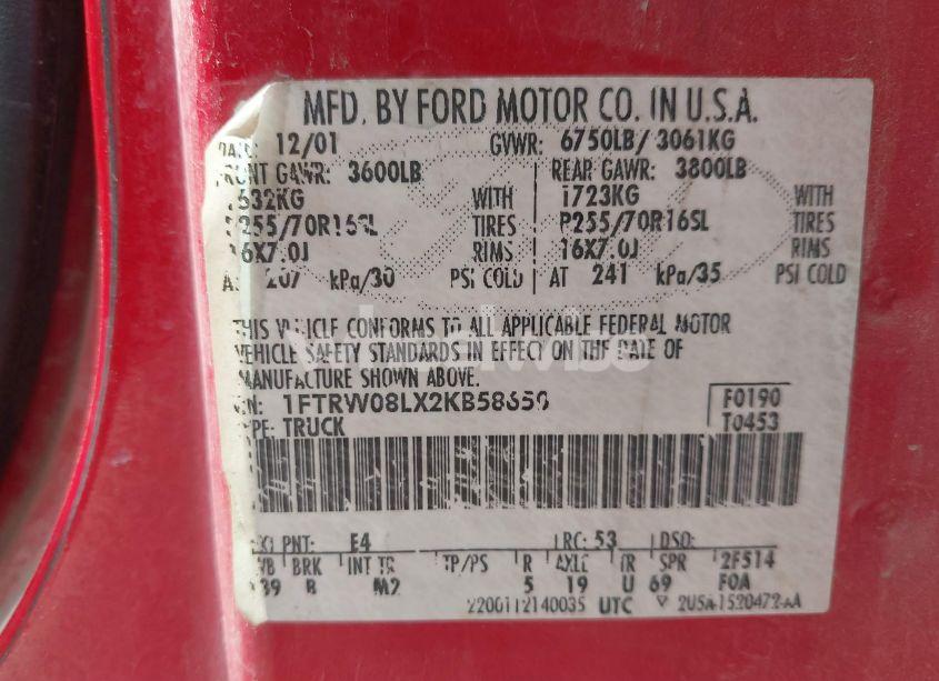 Photo 9 of 2002 Ford F-150 LARIAT/XLT (VIN 1FTRW08LX2KB58650)