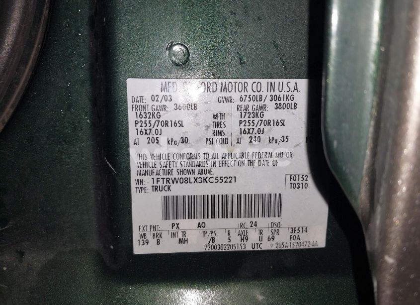 Photo 9 of 2003 Ford F-150 LARIAT/XLT (VIN 1FTRW08LX3KC55221)