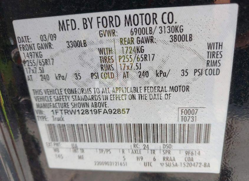 Photo 9 of 2009 Ford F-150 XL/XLT (VIN 1FTRW12819FA92857)