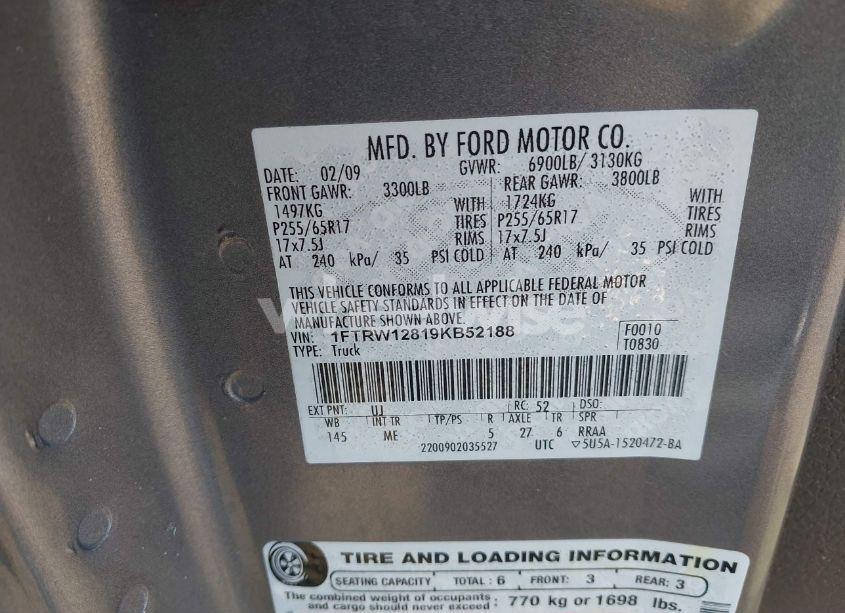 Photo 9 of 2009 Ford F-150 XLT (VIN 1FTRW12819KB52188)