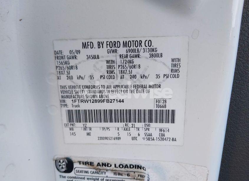 Photo 9 of 2009 Ford F150 SUPERCREW (VIN 1FTRW12899FB27144)