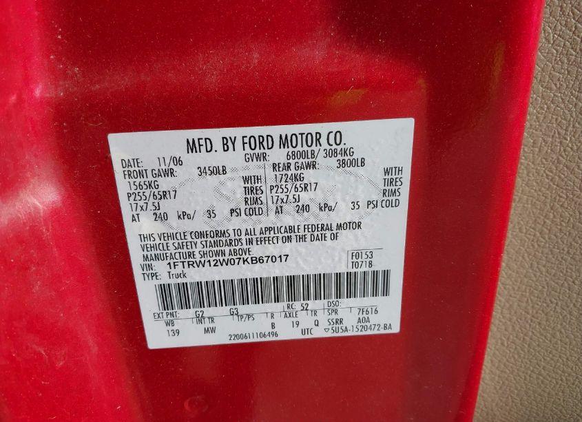 Photo 9 of 2007 Ford F-150 XLT (VIN 1FTRW12W07KB67017)