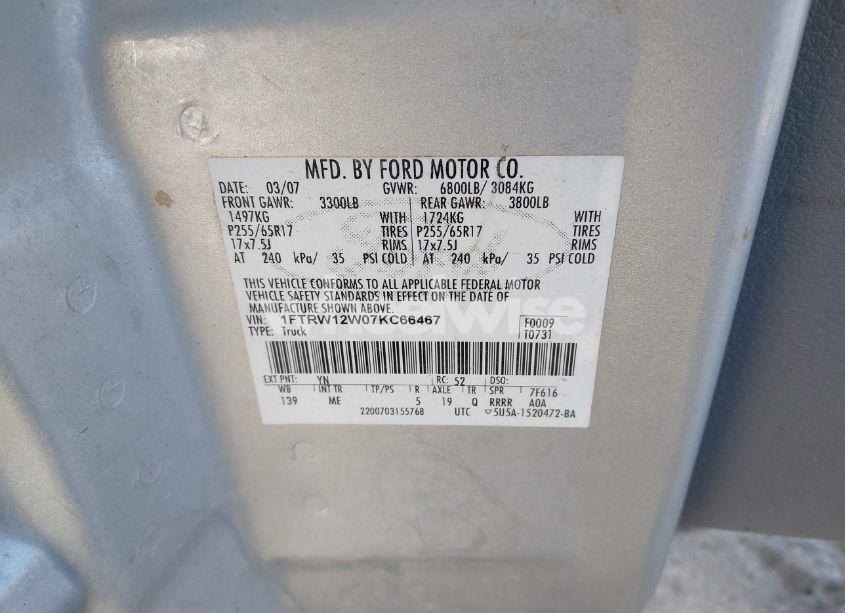 Photo 9 of 2007 Ford F-150 XLT (VIN 1FTRW12W07KC66467)