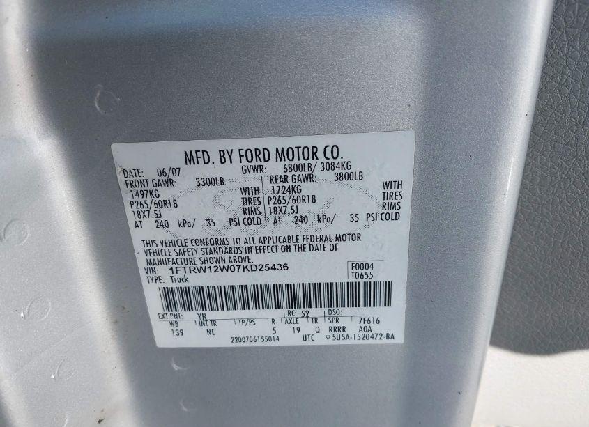 Photo 9 of 2007 Ford F-150 XLT (VIN 1FTRW12W07KD25436)