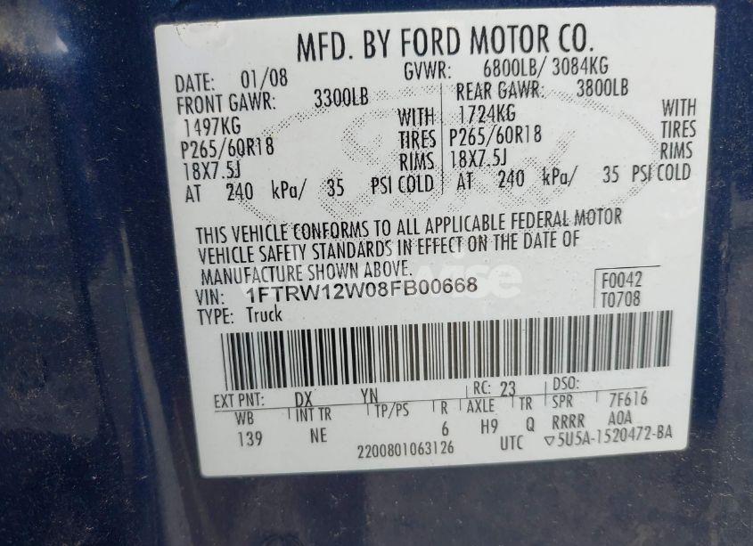 Photo 9 of 2008 Ford F-150 60TH ANNIVERSARY/FX2/XL/XLT (VIN 1FTRW12W08FB00668)