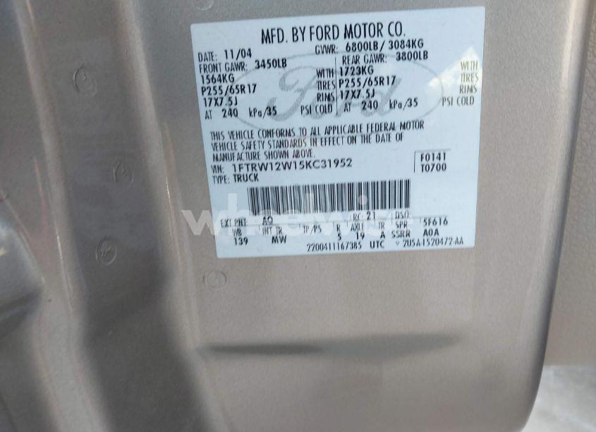 Photo 9 of 2005 Ford F-150 XLT (VIN 1FTRW12W15KC31952)