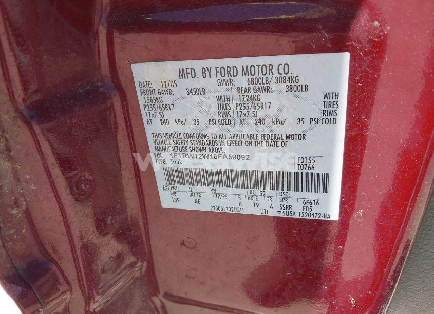 Photo 9 of 2006 Ford F-150 XLT (VIN 1FTRW12W16FA59092)