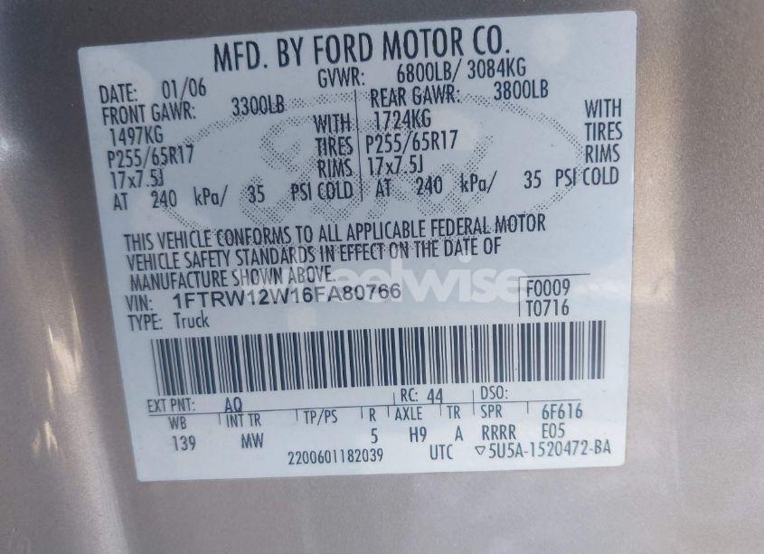 Photo 9 of 2006 Ford F-150 XLT (VIN 1FTRW12W16FA80766)