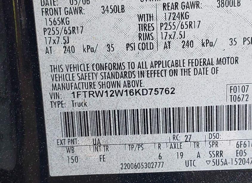 Photo 9 of 2006 Ford F-150 XLT (VIN 1FTRW12W16KD75762)