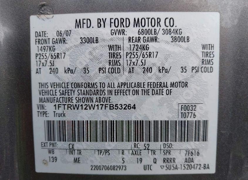 Photo 9 of 2007 Ford F-150 XLT (VIN 1FTRW12W17FB53264)