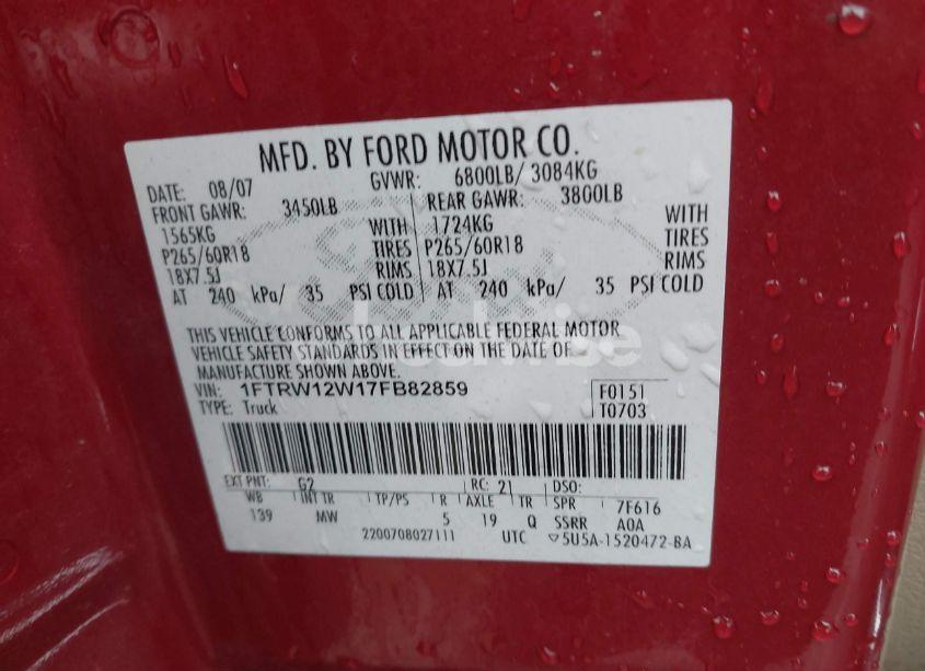 Photo 9 of 2007 Ford F-150 XLT (VIN 1FTRW12W17FB82859)