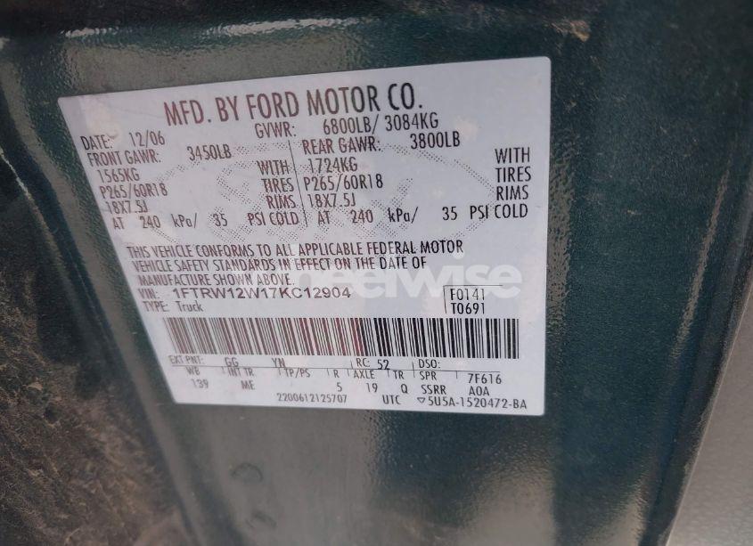 Photo 9 of 2007 Ford F-150 XLT (VIN 1FTRW12W17KC12904)