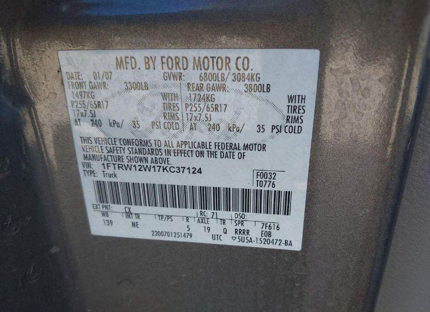 Photo 9 of 2007 Ford F-150 XLT (VIN 1FTRW12W17KC37124)