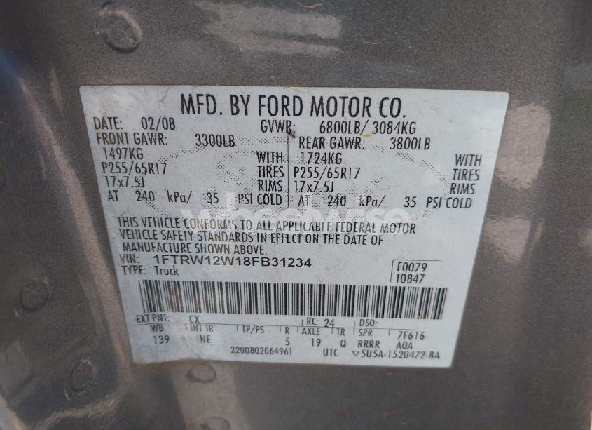 Photo 9 of 2008 Ford F-150 60TH ANNIVERSARY/FX2/XL/XLT (VIN 1FTRW12W18FB31234)