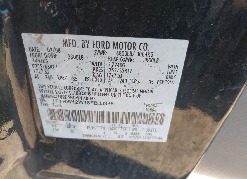 Photo 9 of 2008 Ford F-150 60TH ANNIVERSARY/FX2/XL/XLT (VIN 1FTRW12W18FB33968)