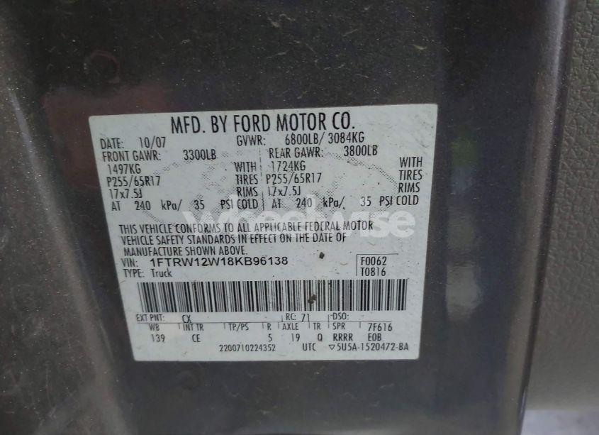 Photo 9 of 2008 Ford F-150 60TH ANNIVERSARY/FX2/XL/XLT (VIN 1FTRW12W18KB96138)