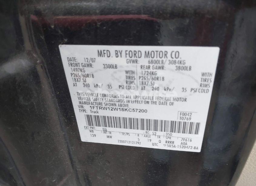 Photo 9 of 2008 Ford F-150 60TH ANNIVERSARY/FX2/XL/XLT (VIN 1FTRW12W18KC57200)