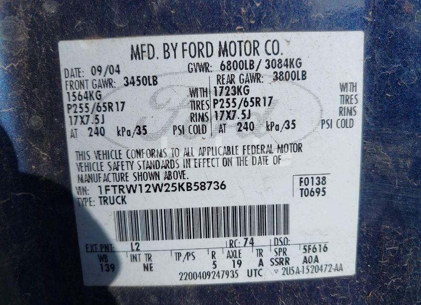 Photo 9 of 2005 Ford F-150 XLT (VIN 1FTRW12W25KB58736)