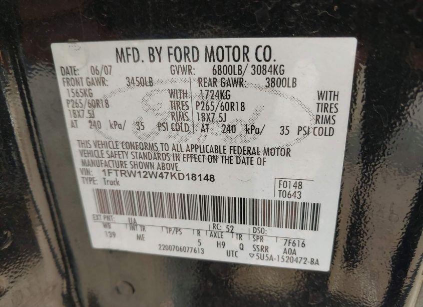 Photo 9 of 2007 Ford F-150 XLT (VIN 1FTRW12W47KD18148)