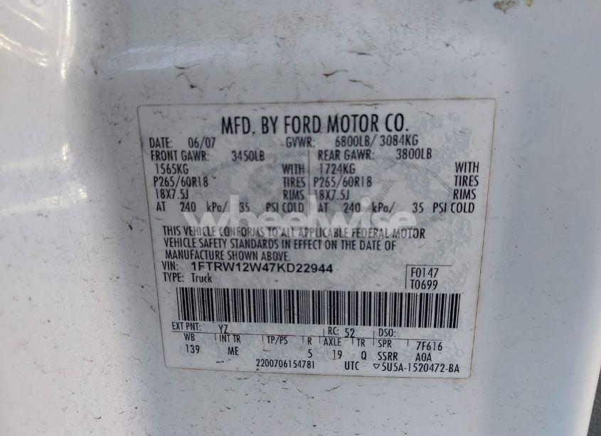 Photo 9 of 2007 Ford F-150 XLT (VIN 1FTRW12W47KD22944)