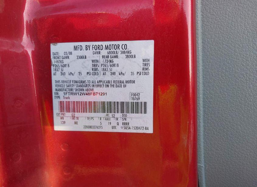 Photo 9 of 2008 Ford F-150 60TH ANNIVERSARY/FX2/XL/XLT (VIN 1FTRW12W48FB71291)