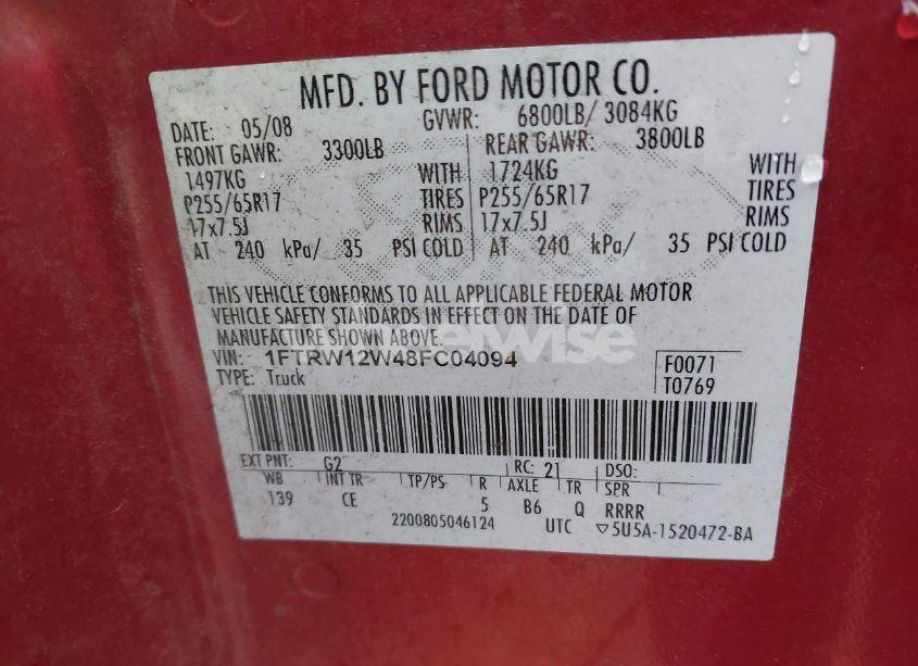 Photo 9 of 2008 Ford F-150 60TH ANNIVERSARY/FX2/XL/XLT (VIN 1FTRW12W48FC04094)