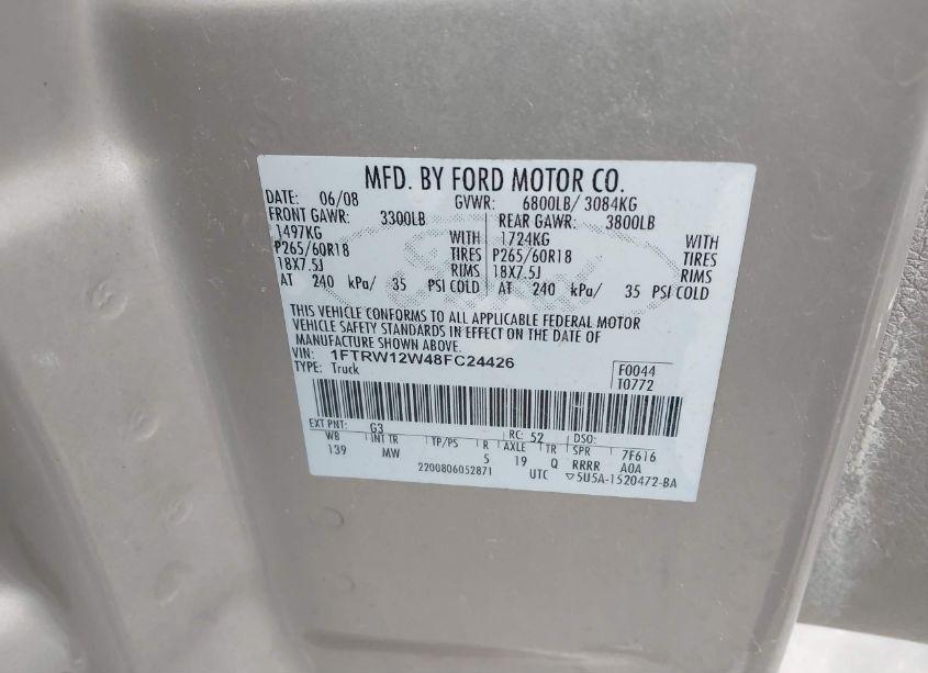 Photo 9 of 2008 Ford F-150 60TH ANNIVERSARY/FX2/XL/XLT (VIN 1FTRW12W48FC24426)