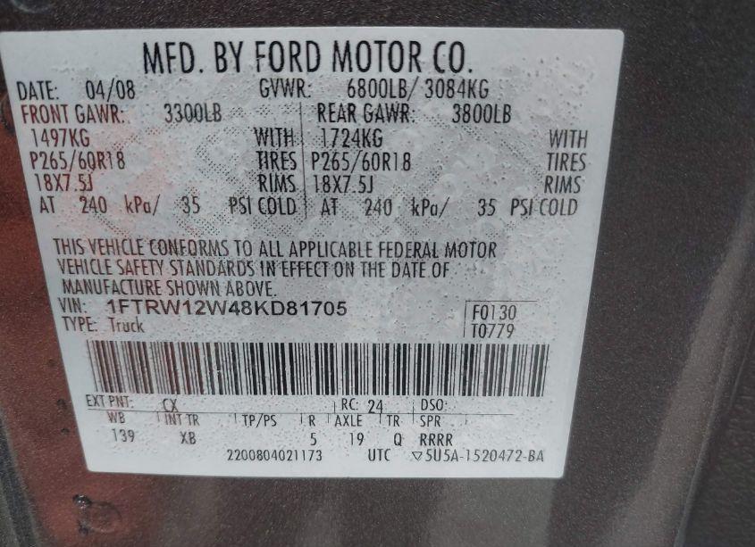 Photo 9 of 2008 Ford F-150 60TH ANNIVERSARY/FX2/XL/XLT (VIN 1FTRW12W48KD81705)