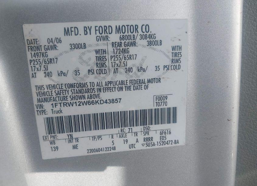 Photo 9 of 2006 Ford F-150 XLT (VIN 1FTRW12W56FA68829)