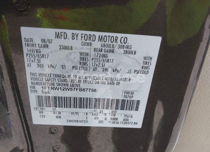 Photo 9 of 2007 Ford F-150 XLT (VIN 1FTRW12W57FB87756)