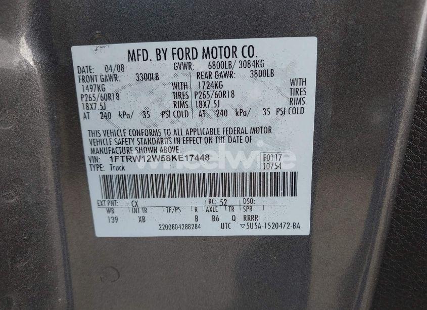 Photo 9 of 2008 Ford F-150 60TH ANNIVERSARY/FX2/XL/XLT (VIN 1FTRW12W58KE17448)