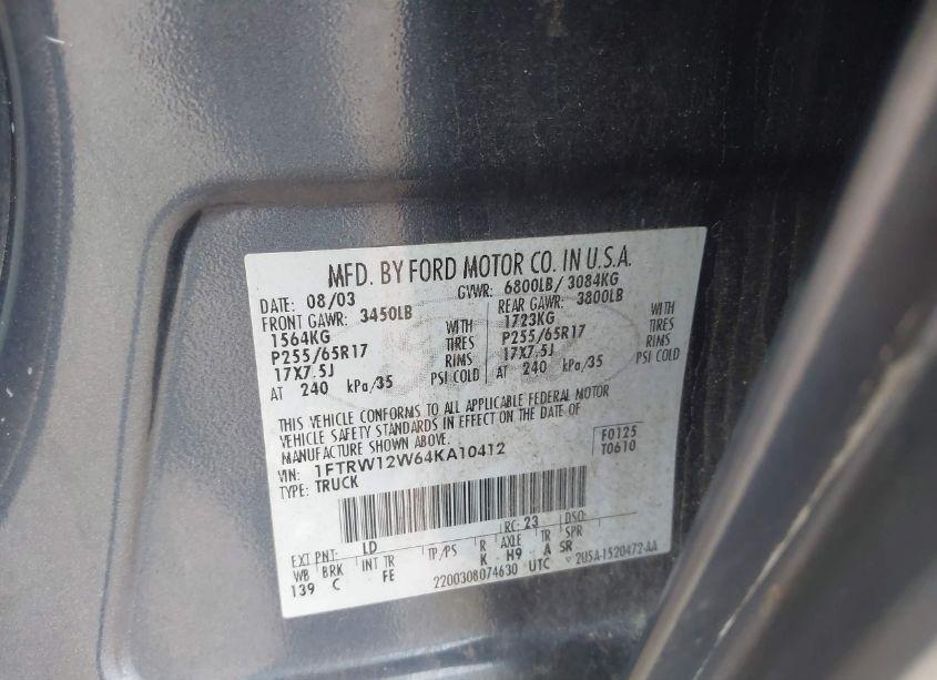 Photo 9 of 2004 Ford F-150 XLT (VIN 1FTRW12W64KA10412)