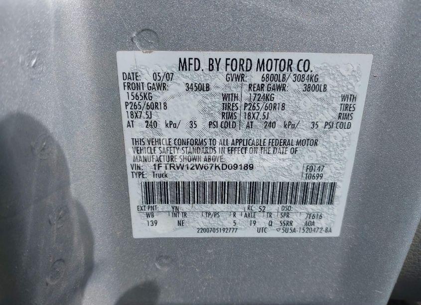 Photo 9 of 2007 Ford F-150 XLT (VIN 1FTRW12W67KD09189)