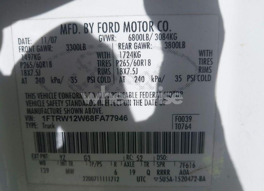 Photo 9 of 2008 Ford F-150 60TH ANNIVERSARY/FX2/XL/XLT (VIN 1FTRW12W68FA77946)