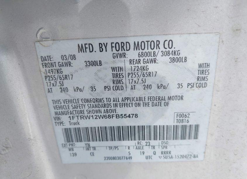 Photo 9 of 2008 Ford F-150 60TH ANNIVERSARY/FX2/XL/XLT (VIN 1FTRW12W68FB55478)