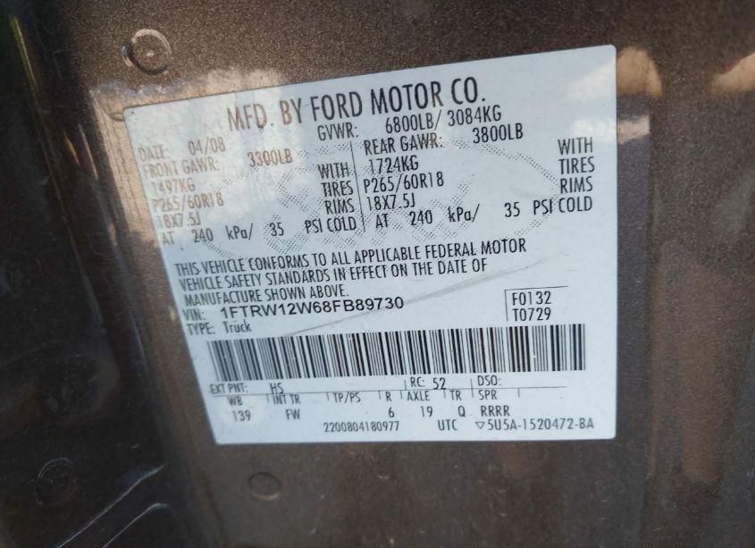 Photo 9 of 2008 Ford F-150 60TH ANNIVERSARY/FX2/XL/XLT (VIN 1FTRW12W68FB89730)