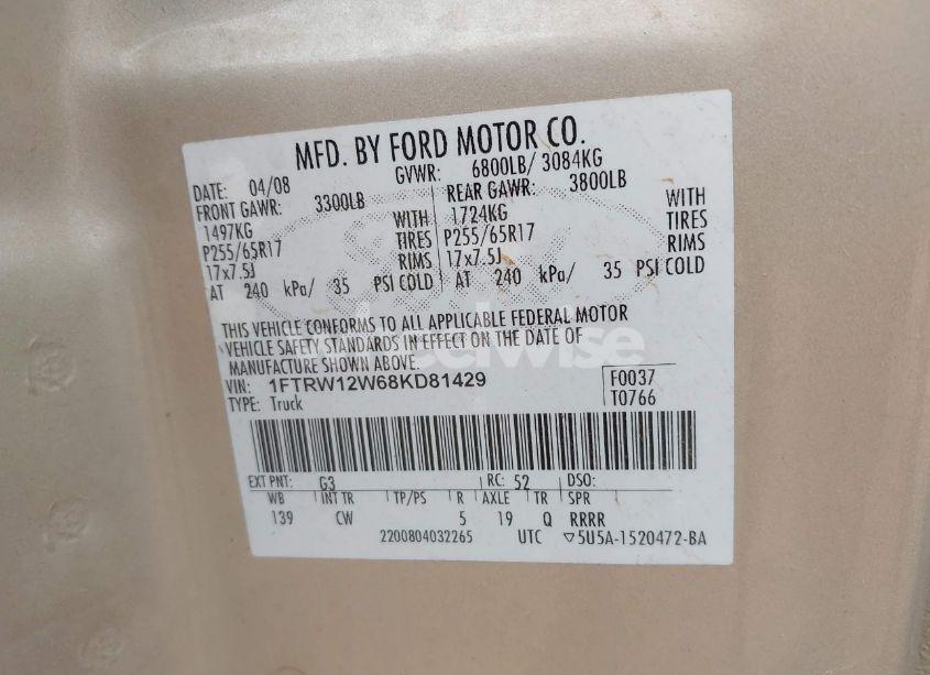 Photo 9 of 2008 Ford F-150 60TH ANNIVERSARY/FX2/XL/XLT (VIN 1FTRW12W68KD81429)