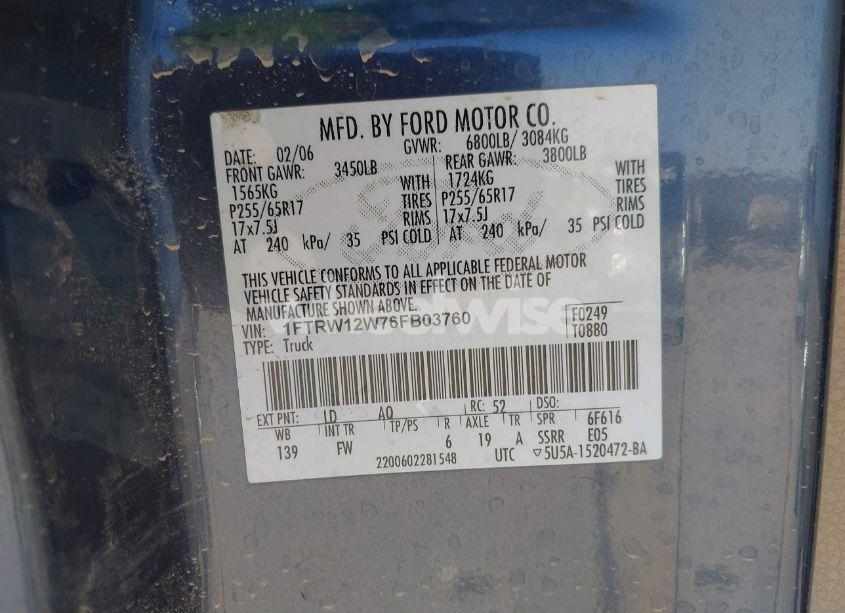 Photo 9 of 2006 Ford F-150 XLT (VIN 1FTRW12W76FB03760)