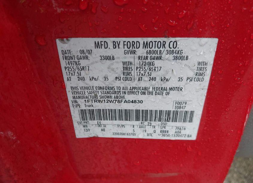 Photo 9 of 2008 Ford F-150 60TH ANNIVERSARY/FX2/XL/XLT (VIN 1FTRW12W78FA04830)