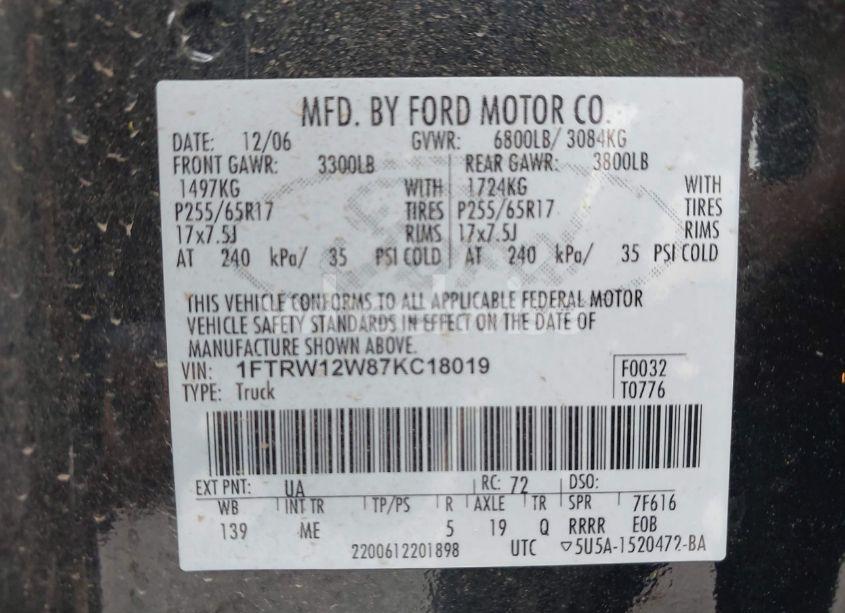 Photo 9 of 2007 Ford F-150 XLT (VIN 1FTRW12W87KC18019)