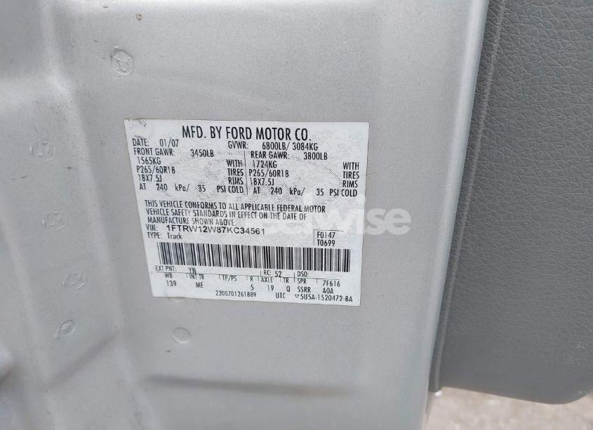 Photo 9 of 2007 Ford F-150 XLT (VIN 1FTRW12W87KC34561)