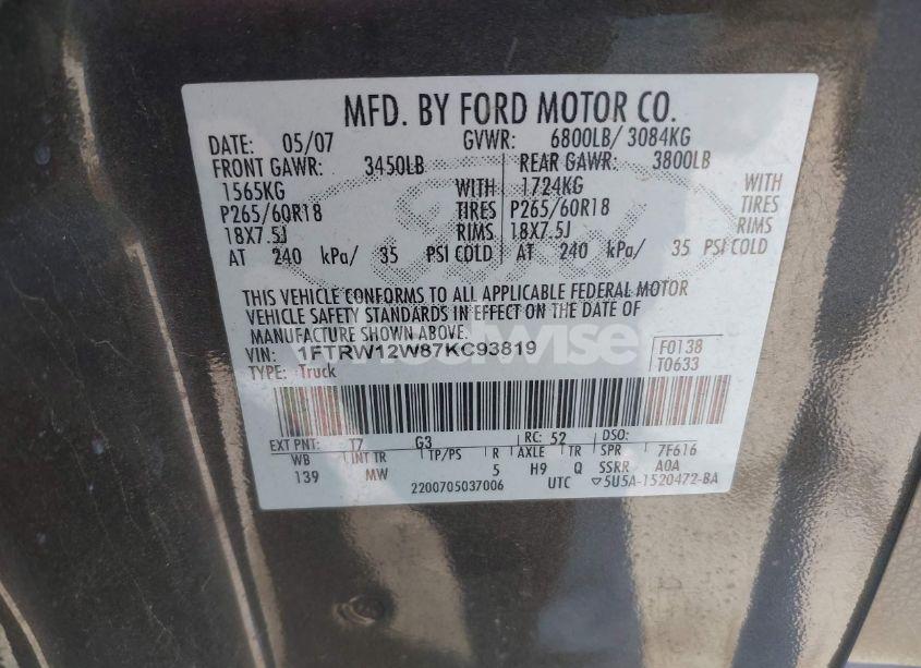 Photo 9 of 2007 Ford F-150 XLT (VIN 1FTRW12W87KC93819)