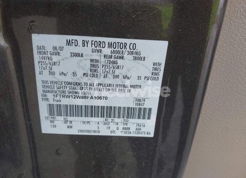 Photo 9 of 2008 Ford F-150 60TH ANNIVERSARY/FX2/XL/XLT (VIN 1FTRW12W88FA10670)